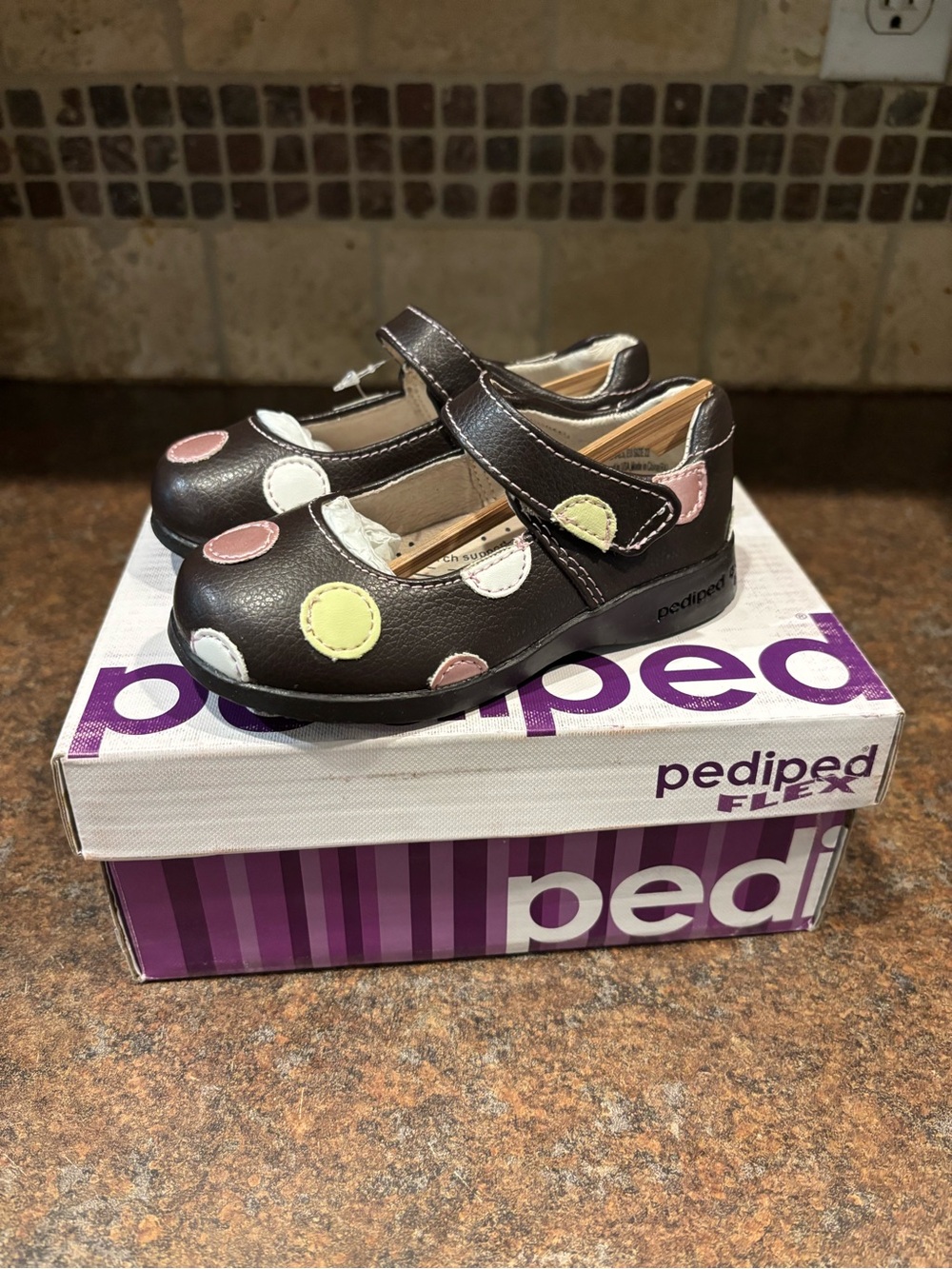 pediped Brown Mary Jane Shoes with Pastel Polka Dots